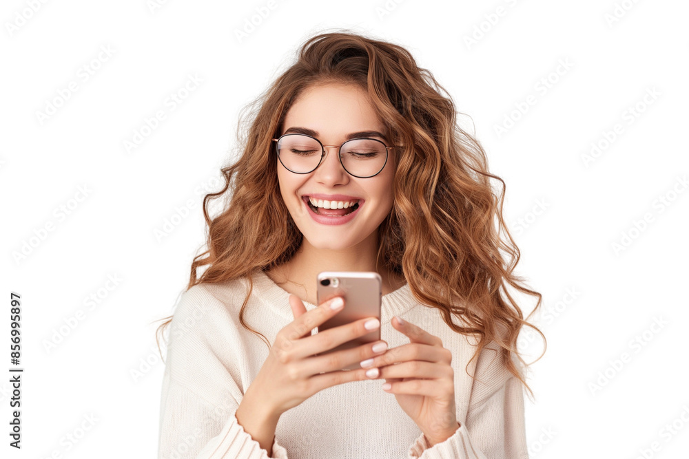 Portrait of a happy woman using mobile phone isolated over PNG transparent background Portrait of a happy woman using mobile phone isolated over PNG transparent background