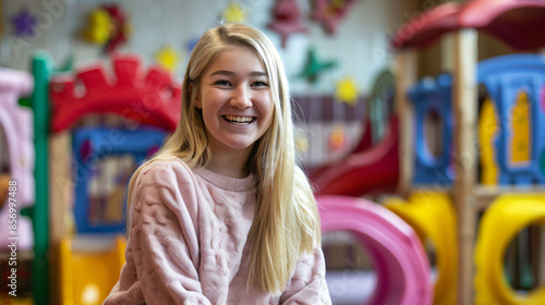 Happy young woman smiling in a playground.