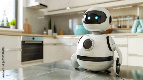 Cute robot with expressive eyes on modern kitchen counter