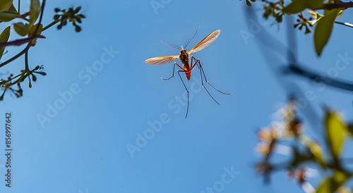 Mosquito in flight against a clear blue sky photo