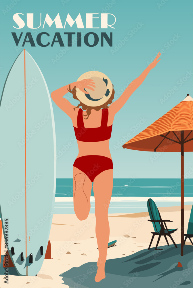 Summer poster, advertising banner with a beautiful girl in bikini and ...