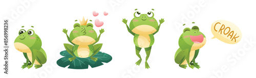 Cute Green Frog or Toad Character with Folded Limbs Vector Set