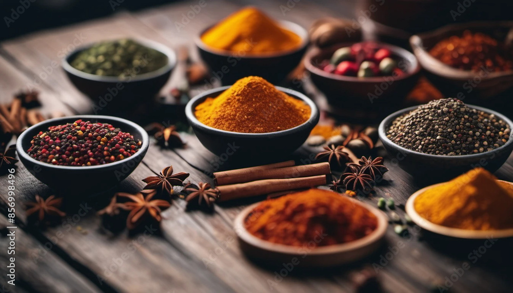 Different colorful spices in small bowls on dark wooden table. Different colorful spices in small bowls on dark wooden table.