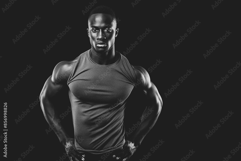Naklejka premium Confident african athlete with copyspace Portrait of muscular young man in sportswear standing with his hands on hips looking at camera against black background. Strong african athlete with copyspace