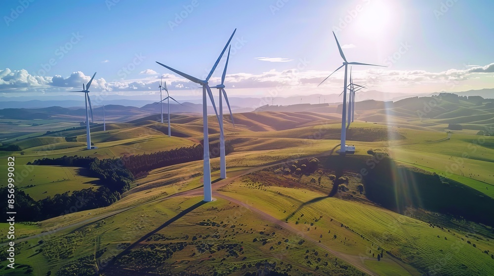 Fototapeta premium Across rolling hills and coastal plains, wind farms paint a picture of renewable abundance, their spinning turbines a testament to humanity's ingenuity in harnessing nature's forces for good.