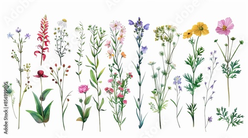 A detailed vector collection of wildflowers, including herbs, herbaceous flowering plants, blooming flowers, and subshrubs, all isolated on a white background. Hand-drawn botanical illustrations