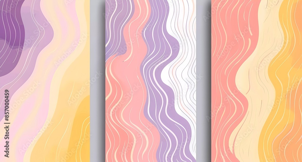 Set of three vector abstract retro groovy background designs in pastel yellow, pink and purple colors with wavy lines pattern Set of three vector abstract retro groovy background designs in pastel yellow, pink and purple colors with wavy lines pattern