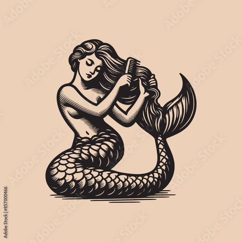 Beautiful young mermaid combing her hair. . Engraving vintage vector illustration, monochrome black color. Woodcut	