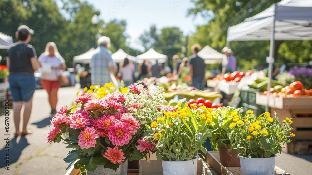 Create a bustling farmers' market filled with fresh produce, flowers, and handmade crafts. Imagine the vibrant colors and the joyful chatter of vendors and customers enjoying the summer atmosphere. Create a bustling farmers' market filled with fresh produce, flowers, and handmade crafts. Imagine the vibrant colors and the joyful chatter of vendors and customers enjoying the summer atmosphere.