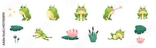 Cute Green Frog or Toad Character with Folded Limbs Vector Set