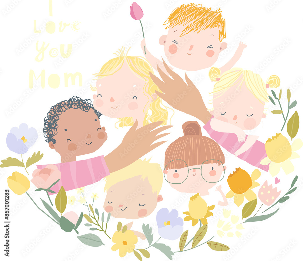 Cartoon Mother s Hands hugging Children in Floral Wreath. Vector illustration Cartoon Mother s Hands hugging Children in Floral Wreath. Vector illustration