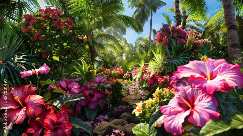 Create a scene of a lush tropical paradise adorned with the vibrant hues of hibiscus flowers, their bold and beautiful blooms adding a touch of exotic elegance to the landscape. Create a scene of a lush tropical paradise adorned with the vibrant hues of hibiscus flowers, their bold and beautiful blooms adding a touch of exotic elegance to the landscape.