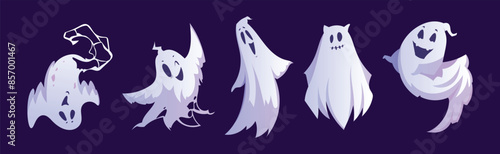Spooky White Ghost or Spirit of Dead Flying on Blue Background Vector Set