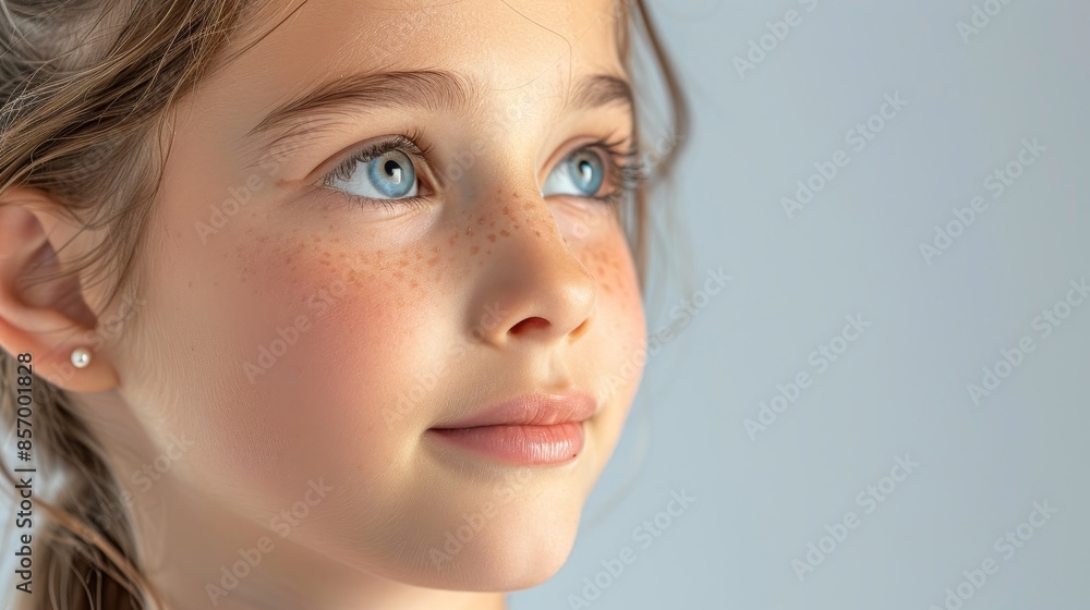 Naklejka premium portrait caucasian little girl with earrings on grey background, childrens health, copy space