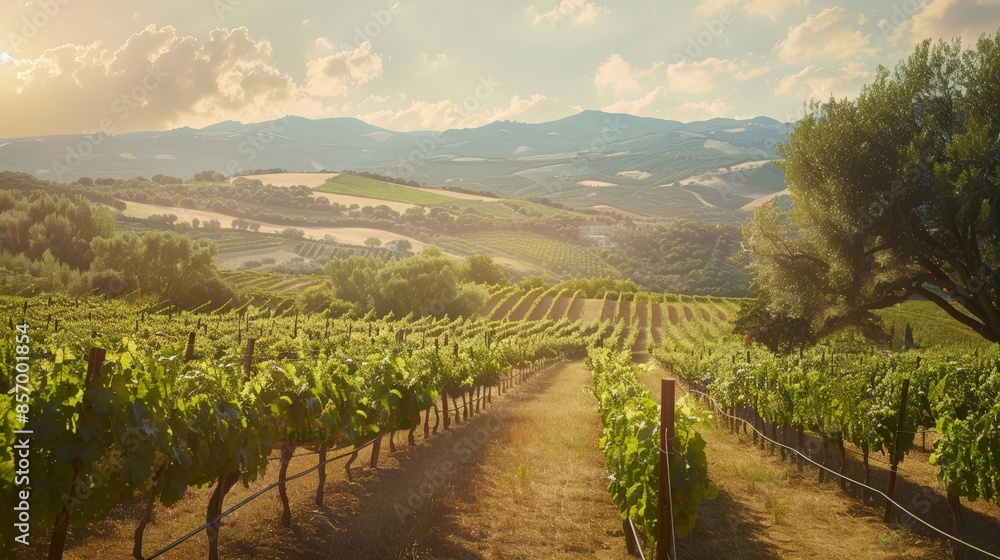 Fototapeta premium Create a scene of a picturesque vineyard nestled in the rolling hills of wine country, with rows of grapevines stretching to the horizon and a warm Mediterranean sun nurturing the ripening fruit.