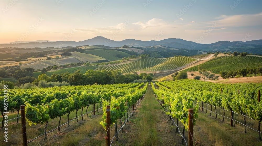 Create a scene of a picturesque vineyard nestled in the rolling hills of wine country, with rows of grapevines stretching to the horizon and a warm Mediterranean sun nurturing the ripening fruit. Create a scene of a picturesque vineyard nestled in the rolling hills of wine country, with rows of grapevines stretching to the horizon and a warm Mediterranean sun nurturing the ripening fruit.