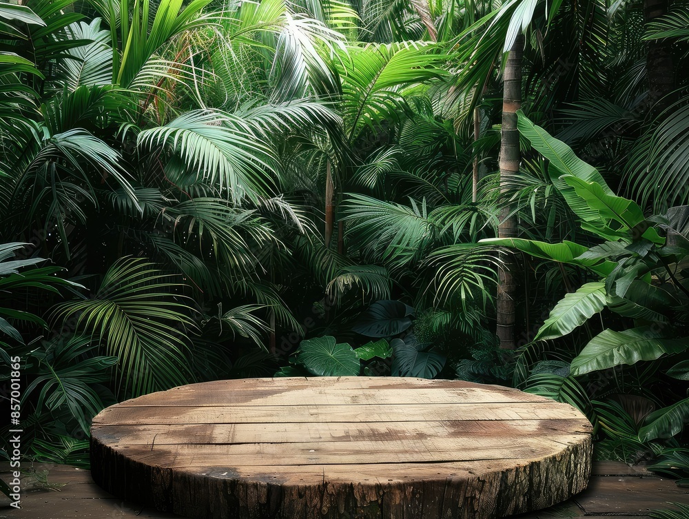 The lush green foliage of the jungle surrounds a wooden platform, creating a natural and exotic backdrop for any product display. The lush green foliage of the jungle surrounds a wooden platform, creating a natural and exotic backdrop for any product display.
