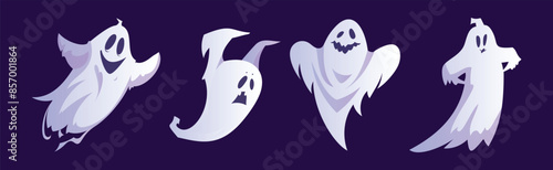 Spooky White Ghost or Spirit of Dead Flying on Blue Background Vector Set