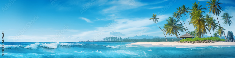 A beautiful beach with palm trees and a small hut A beautiful beach with palm trees and a small hut
