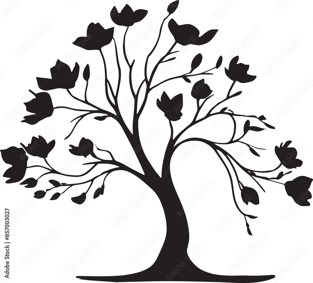 Obraz premium Vector Silhouette of a Magnolia Tree with Detailed Branches and Blossoms on White Background
