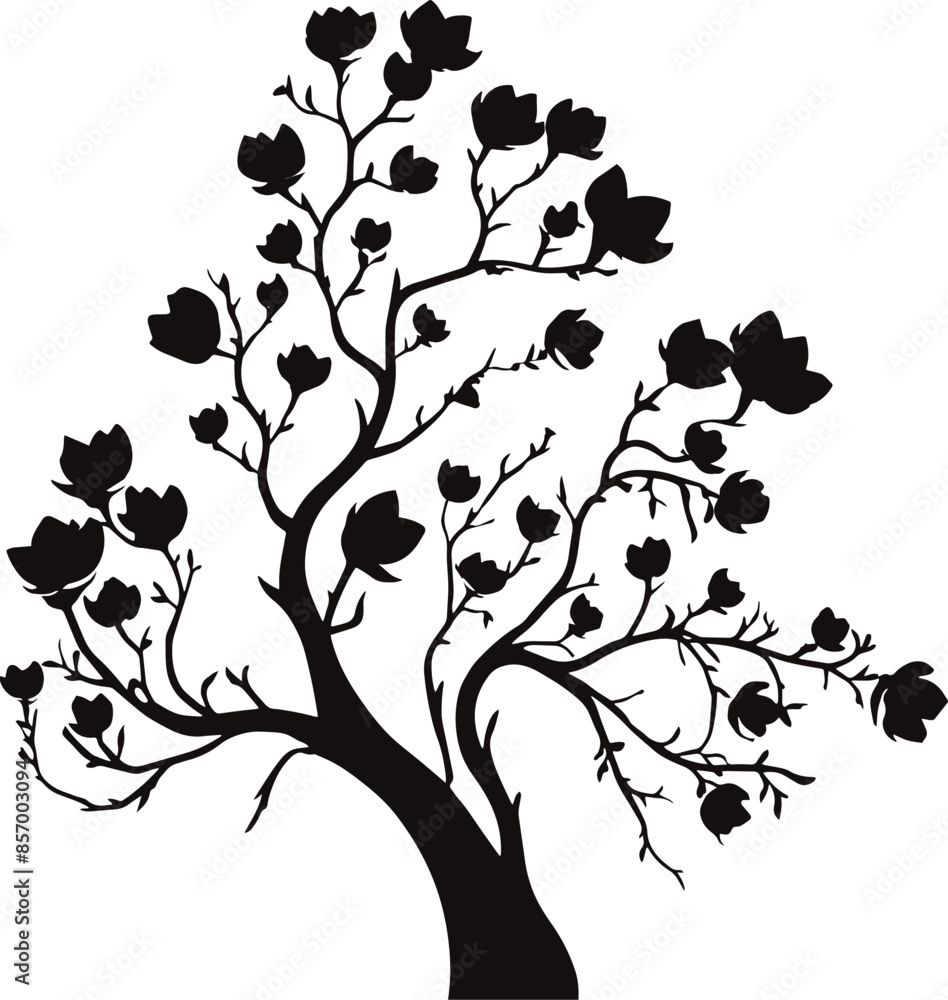 Naklejka premium Vector Silhouette of a Magnolia Tree with Detailed Branches and Blossoms on White Background