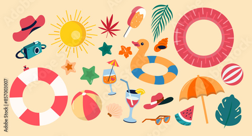 Cheerful Summer Vibe Social Media Assets Featuring Tropical Leaves, Vacation Icons, and Beach Accessories