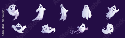 Spooky White Ghost or Spirit of Dead Flying on Blue Background Vector Set