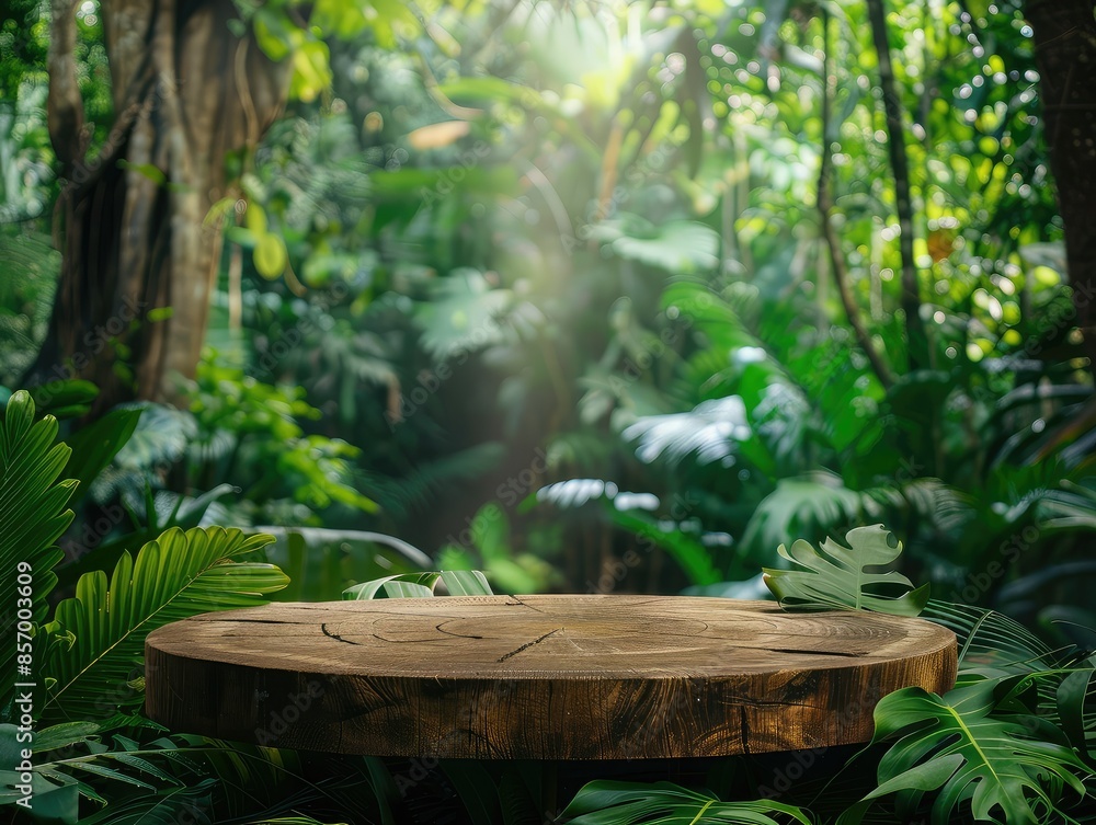 The wooden table is placed in a lush green jungle. The sun shines through the trees and creates a dappled pattern on the table. The wooden table is placed in a lush green jungle. The sun shines through the trees and creates a dappled pattern on the table.