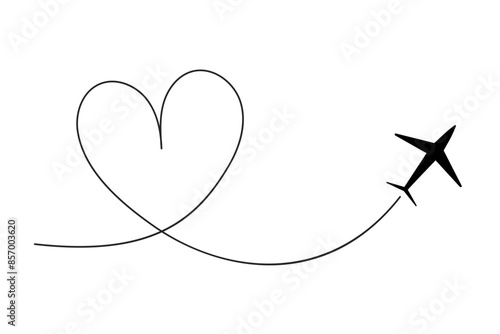 Itinerary dashed trace heart shape, line airplane flight, dotted path, romantic aircraft tracking simple minimal trip isolated on white background. Plan with start point. Tatoo