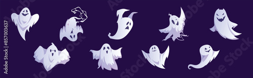 Spooky White Ghost or Spirit of Dead Flying on Blue Background Vector Set
