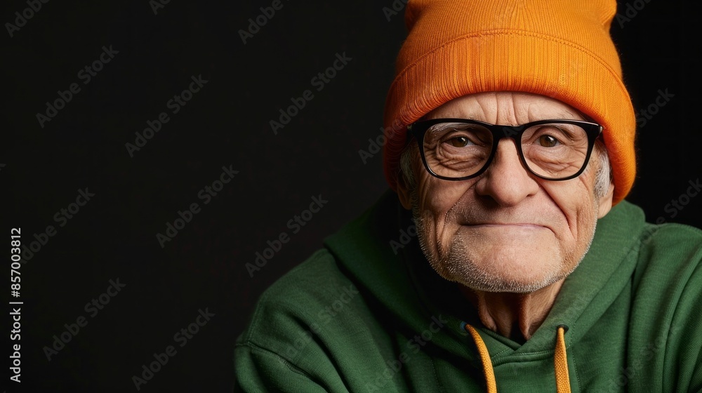A man wearing glasses and a green sweatshirt with a yellow hat on his head A man wearing glasses and a green sweatshirt with a yellow hat on his head