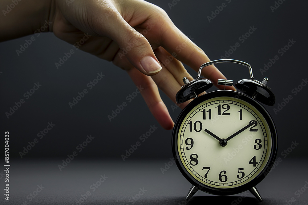 alarm clock on the table, A conceptual image illustrating the concept of a deadline, featuring a hand stopping time on an alarm clock alarm clock on the table, A conceptual image illustrating the concept of a deadline, featuring a hand stopping time on an alarm clock