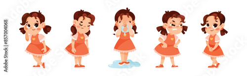 Funny Little Girl in Red Dress Expressing Emotion Vector Illustration Set