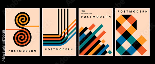 Artworks, posters inspired postmodern of vector abstract dynamic symbols with bold geometric shapes, useful for web background, poster art design, magazine front page, hi-tech print, cover artwork.