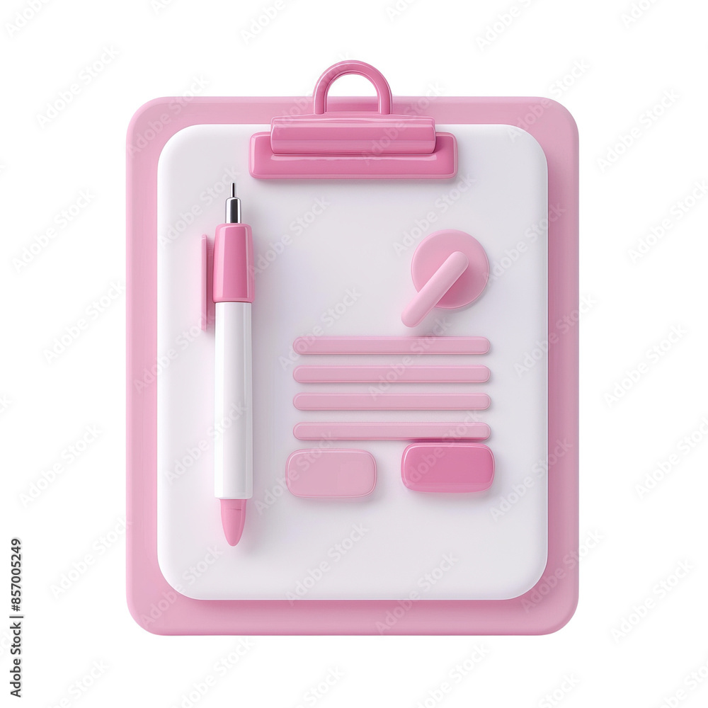 Cute pink clipboard with pen and various icons, isolated on a transparent background. Cute pink clipboard with pen and various icons, isolated on a transparent background.