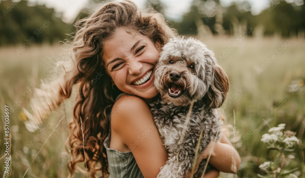 A young woman with curly brown hair and light skin smiles broadly while holding her happy, fluffy gray dog in a sunlit field. A young woman with curly brown hair and light skin smiles broadly while holding her happy, fluffy gray dog in a sunlit field.