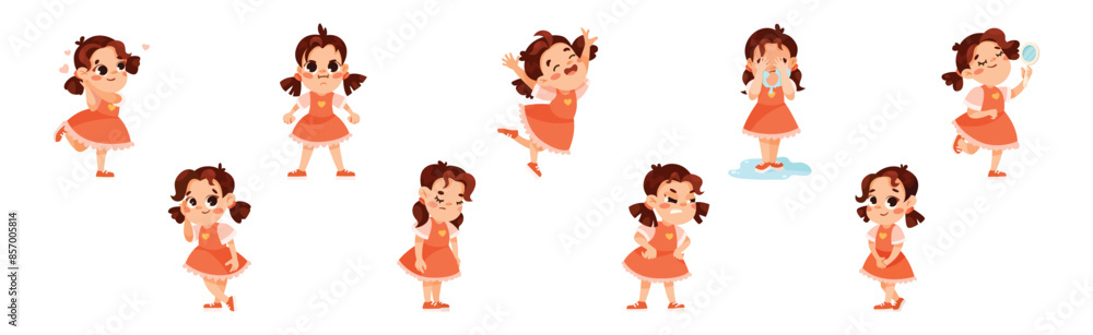 Funny Little Girl in Red Dress Expressing Emotion Vector Illustration Set Funny Little Girl in Red Dress Expressing Emotion Vector Illustration Set