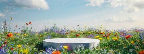 beautiful rendering of empty white product podium in the middle of a green meadow with flowers.