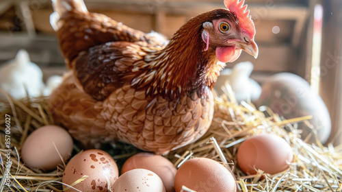 Close-up of a chicken with eggs. Warm and cozy country farm atmosphere. photo