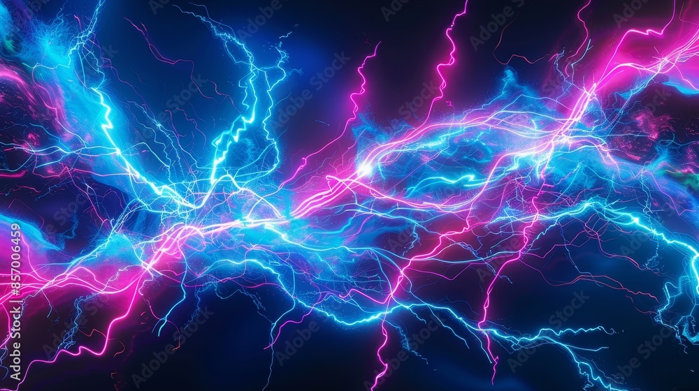 Vibrant neon lightning bolts in shades of blue and pink, creating a dynamic and electrifying abstract scene against a dark background. Vibrant neon lightning bolts in shades of blue and pink, creating a dynamic and electrifying abstract scene against a dark background.