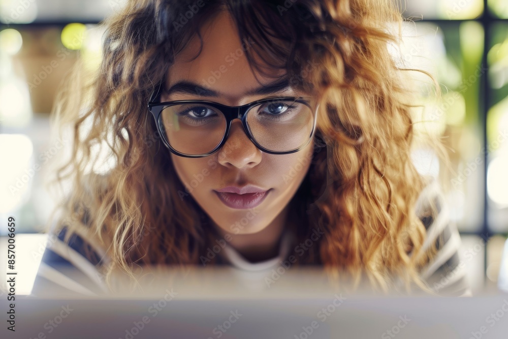 Closeup of a focused business woman with eyeglasses looking at laptop screen. Young worker with protective reading glasses checking emails or studying online. Details of face with trendy specs frame Closeup of a focused business woman with eyeglasses looking at laptop screen. Young worker with protective reading glasses checking emails or studying online. Details of face with trendy specs frame