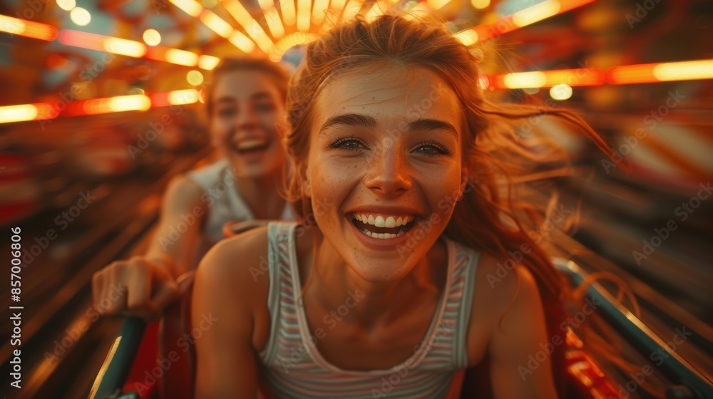 Obraz premium Excitement: A group of friends on a roller coaster, faces lit up with exhilaration.