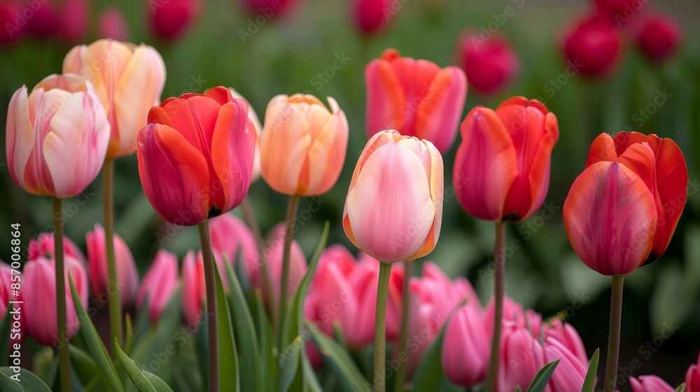 Fototapeta premium Imagine a peaceful garden bursting with the vibrant hues of tulips, their bold and colorful petals standing tall and proud, adding a touch of elegance and charm to the landscape.