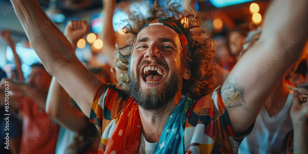 A bearded man cheers enthusiastically in a sports bar, capturing the energy and excitement of a live sports event. A bearded man cheers enthusiastically in a sports bar, capturing the energy and excitement of a live sports event.