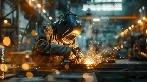 Welder in protective gear working with sparks in industrial workshop. © kept