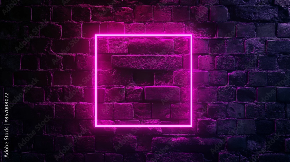 Pink neon rectangular frame on dark brick wall. Pink neon rectangular frame on dark brick wall.