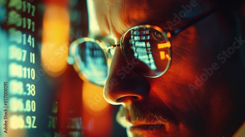 Man wearing glasses reflecting digital data on screens.