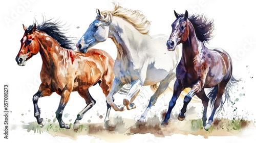 Watercolor drawing of a running horses, horse drawing