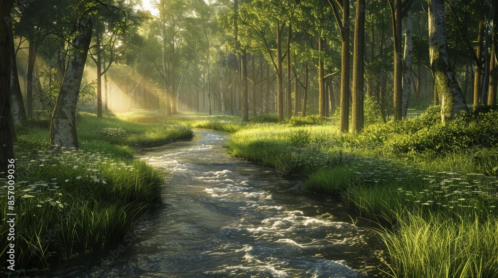 Obraz premium Imagine a tranquil forest stream winding its way through a sun-dappled glade, its gentle babbling and cool waters inviting you to wade in and immerse yourself in the beauty of nature.