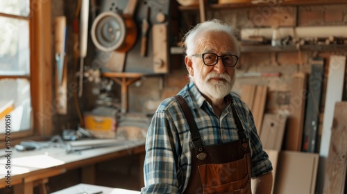 An older man with a beard and glasses is standing in a workshop